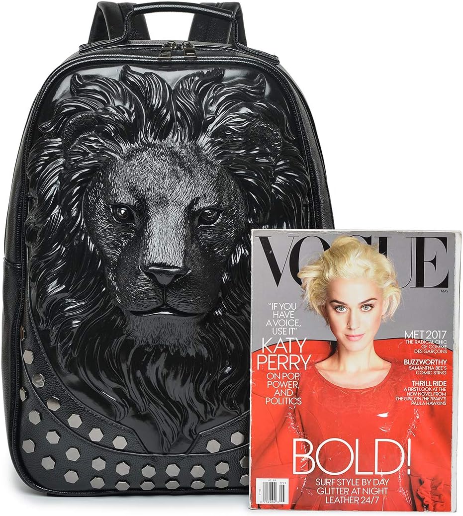 3D Lion Laptop Backpack Unique Designer PU Leather Fashion Travel Rivet Punk Backpack (Silver) - Image 6