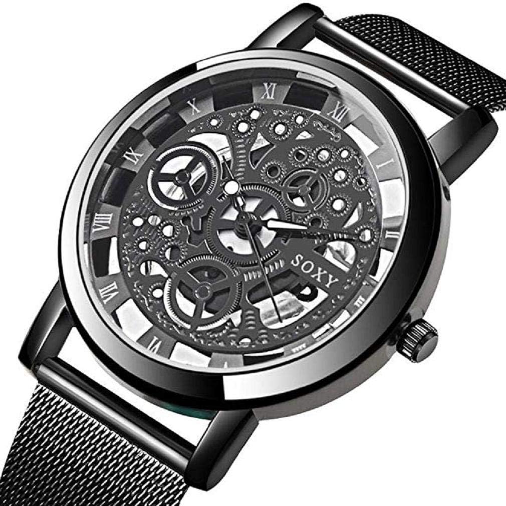 Kaitoly Wacthes Mens Wacthes Sports Analog Wrist Quartz Watch Round Dial Luxury Gents Fashion Business Bracelet Classic Stainless Steel Wacthes Gift Hollow Round Dial Watch (Black)