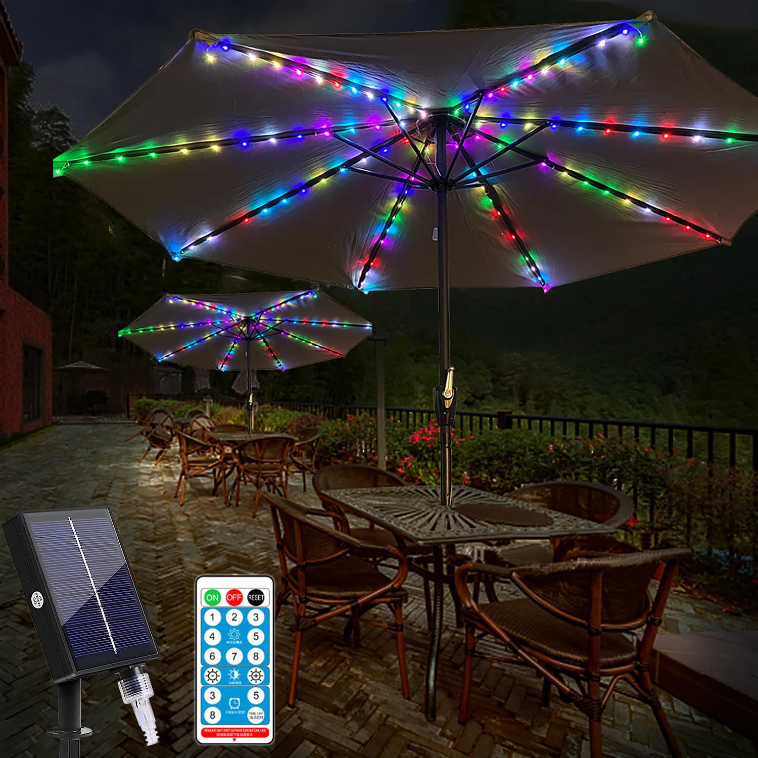 Solar Regenschirm Licht mit 8 Beleuchtungsmodi und Fernbedienung Akku LED Regenschirm Terrasse Licht Außenbeleuchtung Strandzelt Garten Camping Party Dekoration (Mehrfarbig)