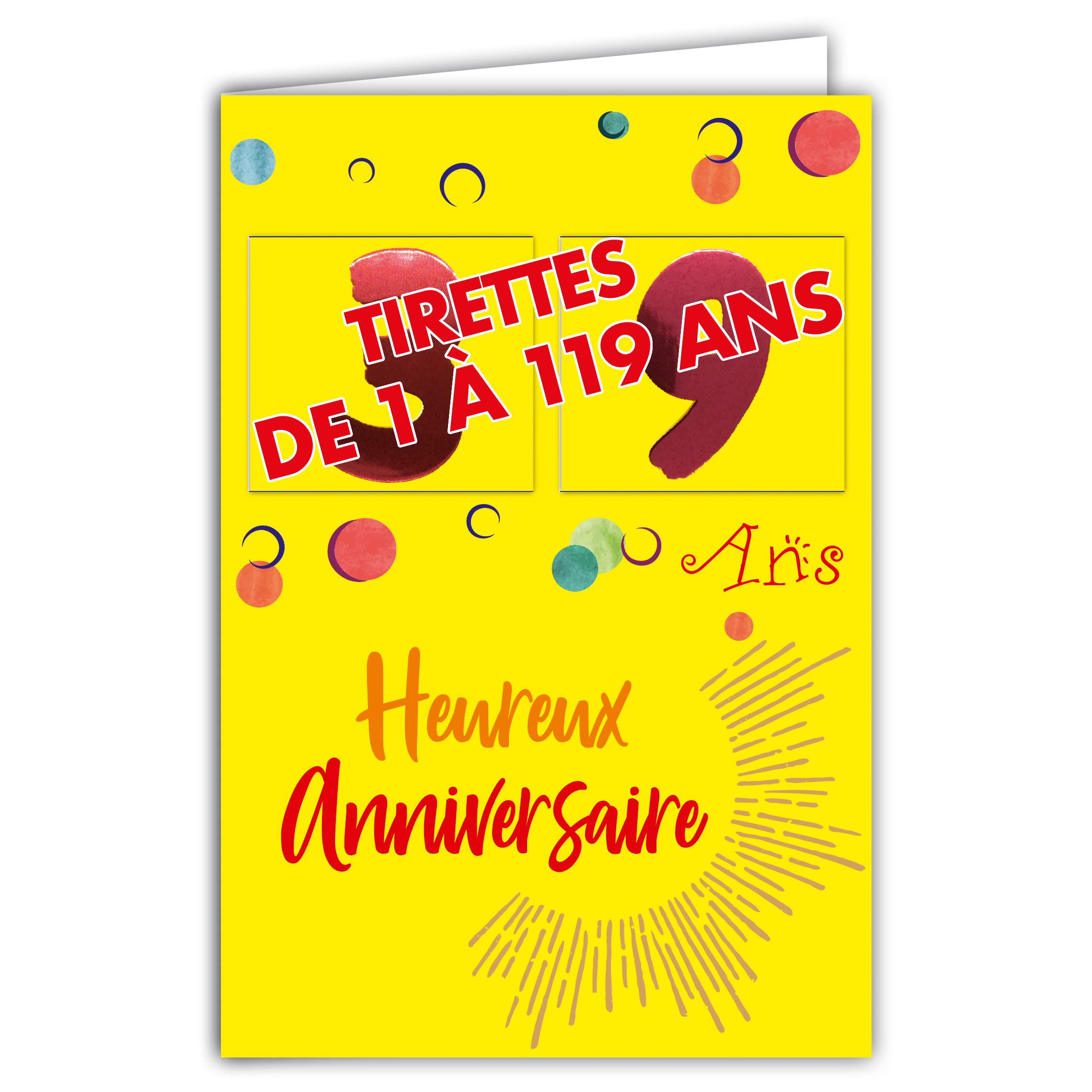 Afie 69-2502 Birthday Card with Pulls, Age from 1 to 119 Years, Shiny Red for Men and Women - Coloured Text Inside - Envelope Included - Made in France - Colourages