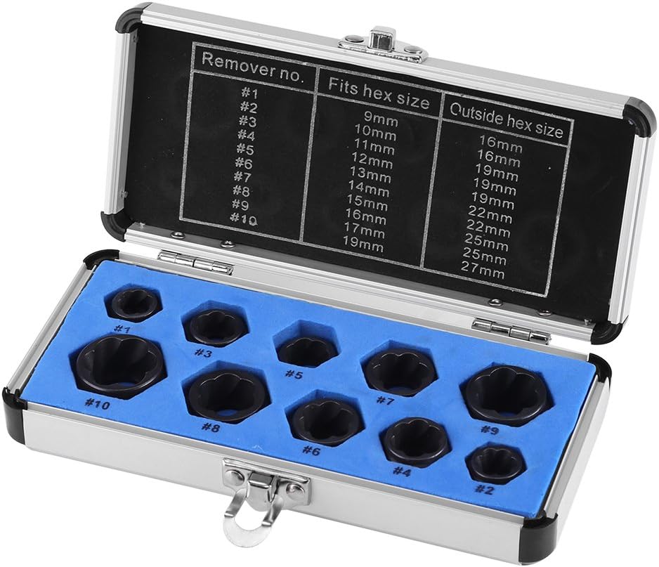 Nut Remover, 10 Pieces 9-19mm Nut Remover Socket Set,Damaged Bolt Nut Screw Remover Extractor Removal Set Threading Tools Kit