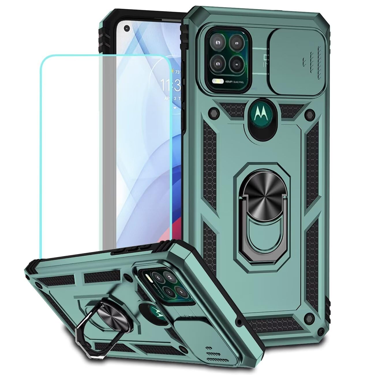 Vokuha Case for Moto G Stylus 5G 2021/Motorola G Stylus 5G 2021 XT2131 Case with Tempered Glass Screen Protector and Slide Camera Cover,360°Ring