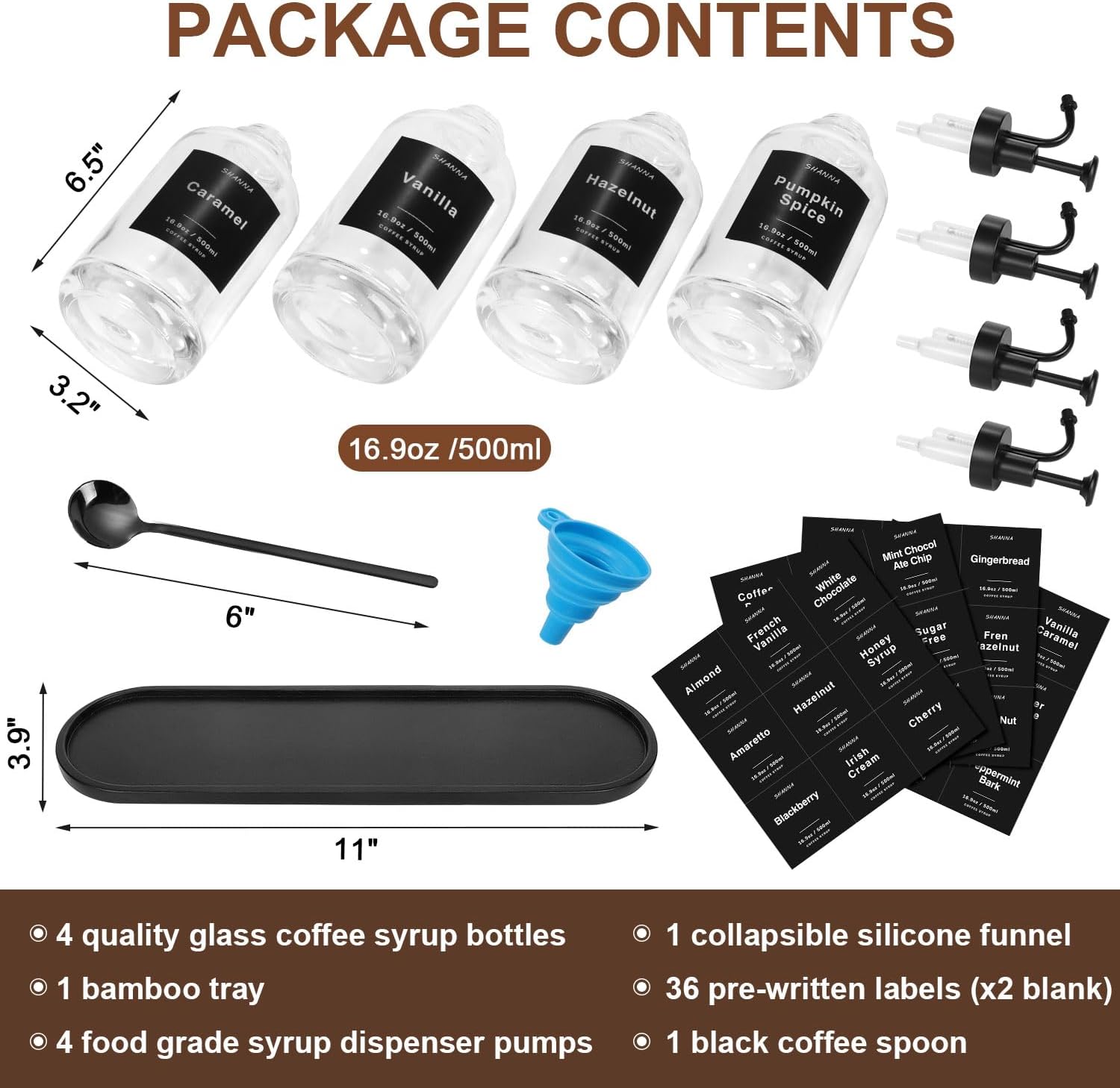 Coffee Syrup Dispenser for Coffee Bar, 16.9oz 500ml Glass Syrup Dispenser w Black Coffee Scoop, Coffee Syrup Pump Dispenser w 36 Labels and Bamboo Tray, Coffee Syrup Bottles with Black Pump, 4PCS