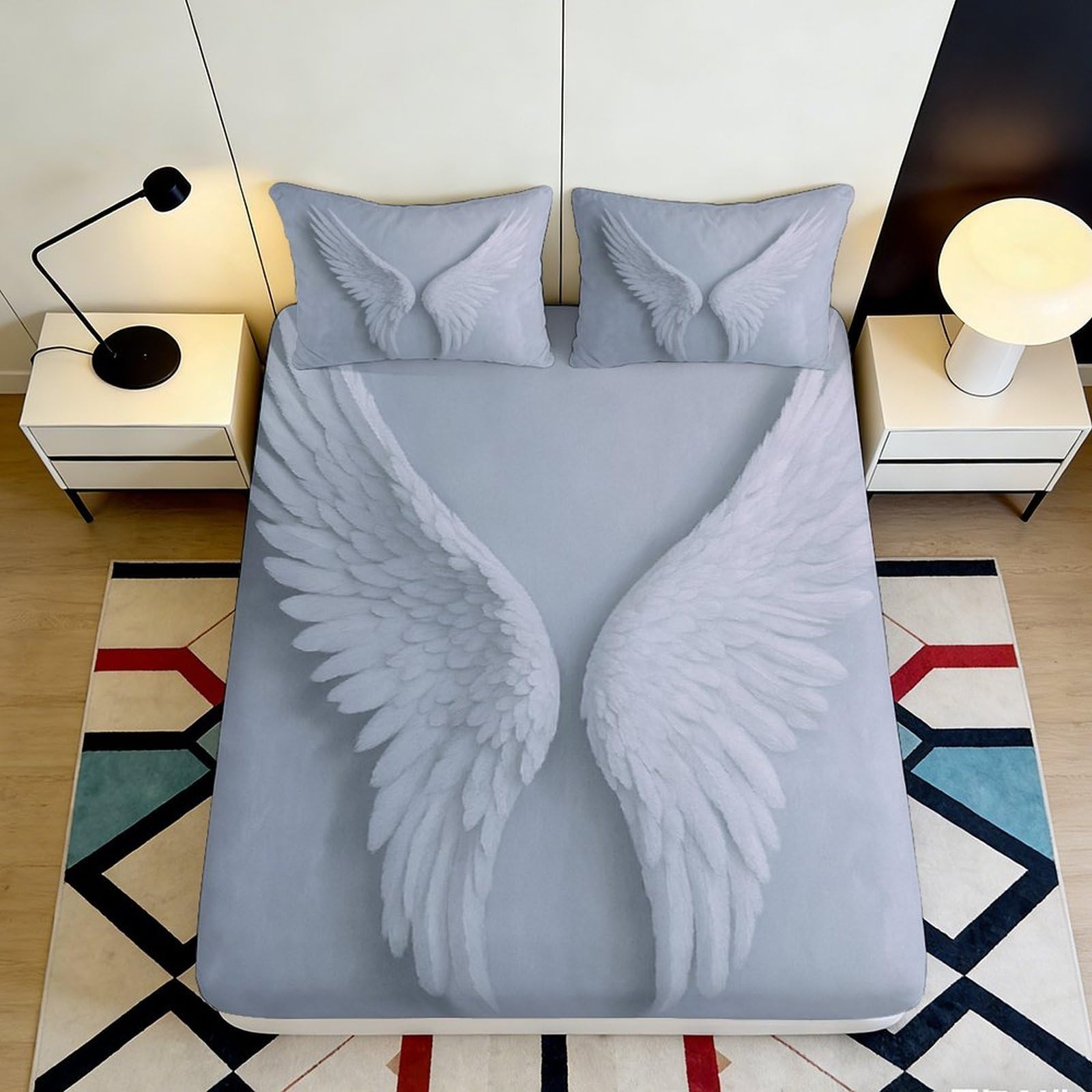 3D Printed Angel Wings Fitted Sheet Microfiber Soft Breathable Wing Design Bed Cover for Bedroom Dormitory Guest Room Mattress Protection 180x200x25cm
