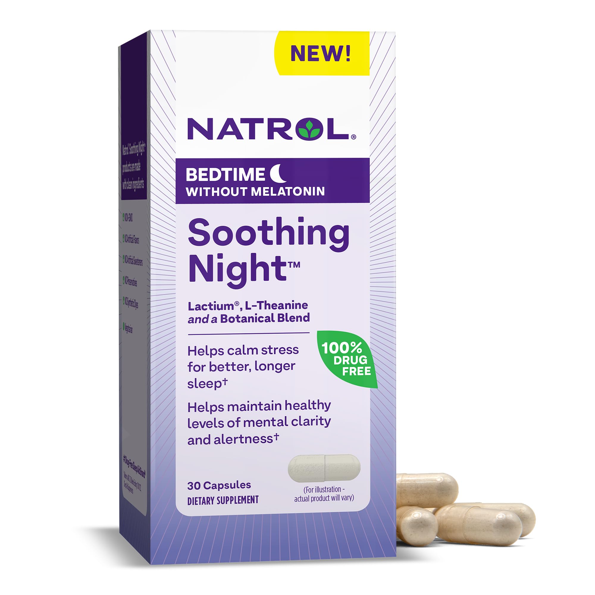 NatrolSoothing Night With Lactium, L-Theanine & a Botanical Blend, Dietary Supplement for Bedtime Without Melatonin to Calm Stress and Support Sleep, Clarity & Alertness, 30 Capsules, 30 Day Supply