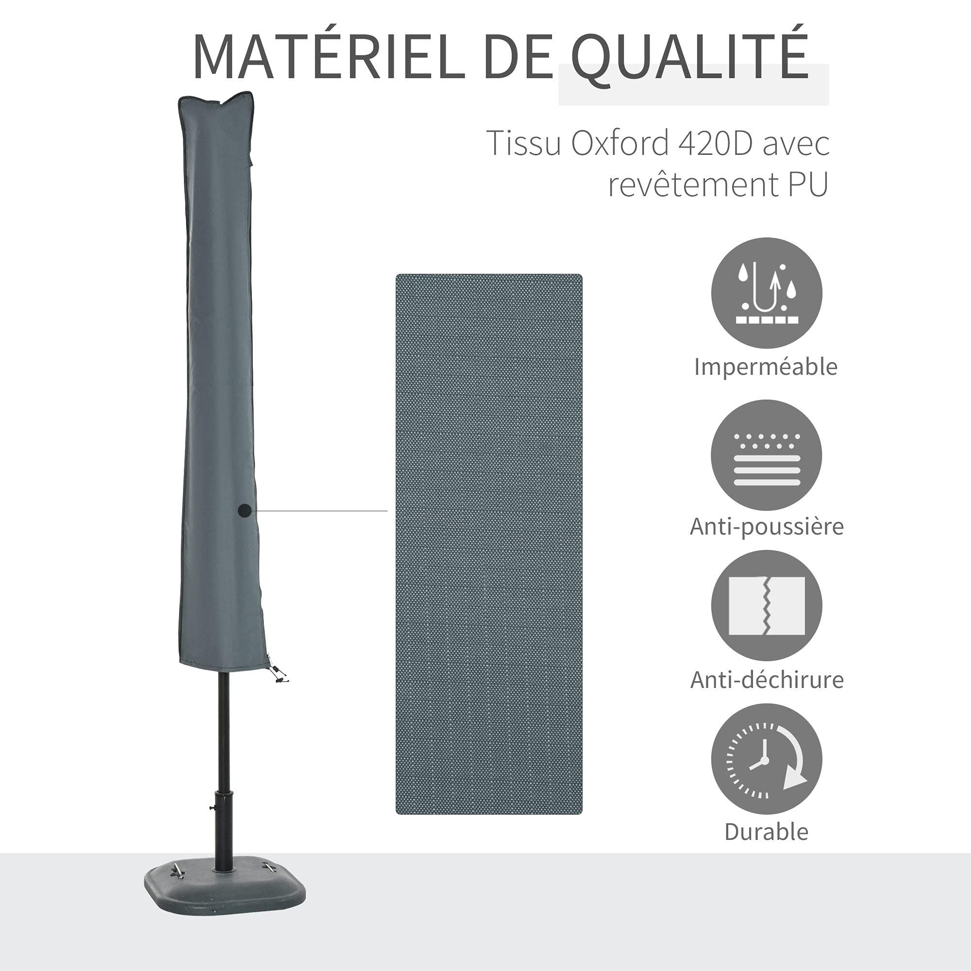 Outsunny Housse de Protection imperméable pour Parasol Droit avec Fermeture éclair et Cordon de Serrage Gris