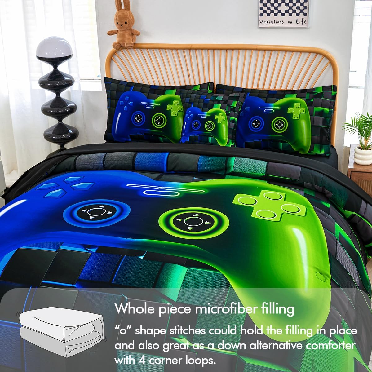 PERFEMET 6-Piece Game Twin Comforter Set for Kids Blue and Green Boys Gaming Bed in a Bag with Sheets Soft 3D Cool Fluffy Video Game Console Bedding Set for Girls Teen(Blue Green, Twin) - Image 6