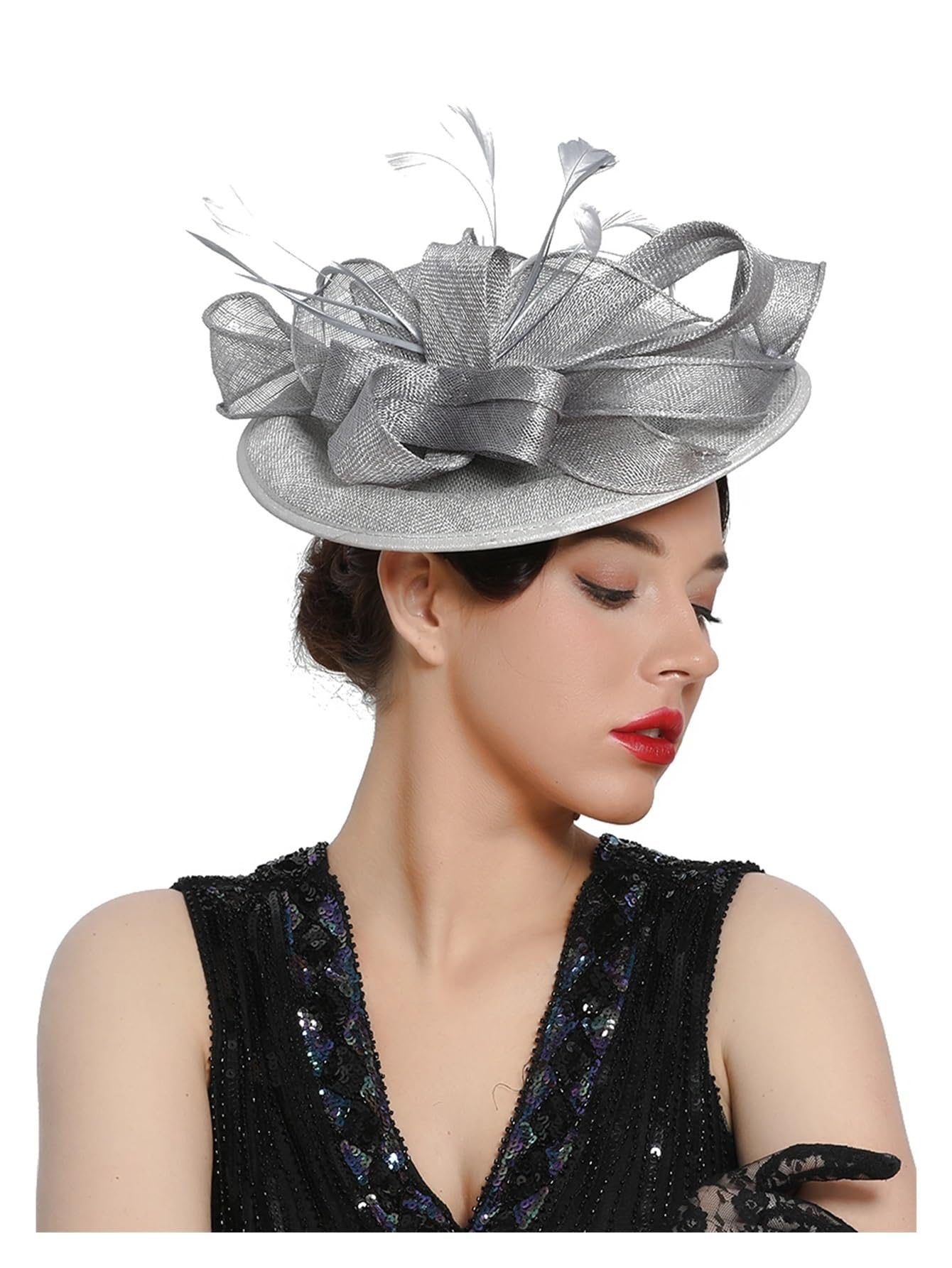 Dsfdfdg Women's Grey Wedding Hat Large Sinamay Fascinator Hat Fancy Multicolour Hat Tea Party Flower Headdress Top Hat Church Hat For Wedding, Tea Party Hat(Gray)