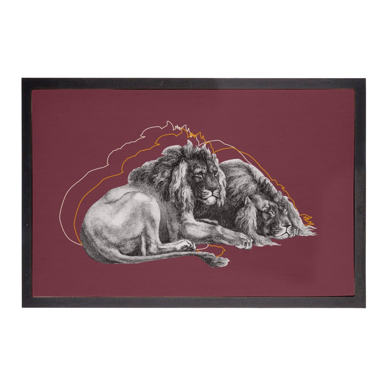 Paillasson rouge couple lion gravure ancienne 60x40 cm pour entrée