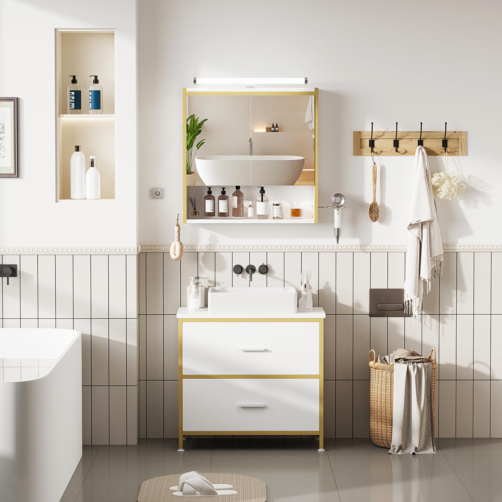 ELUCHANG Ensemble Meuble Salle de Bain 2 pièces,Armoire Murale Salle de Bain avec LED, Meuble sous lavabo avec 2 Tiroirs,étagères réglables, Style Industriel,Blanc+Doré