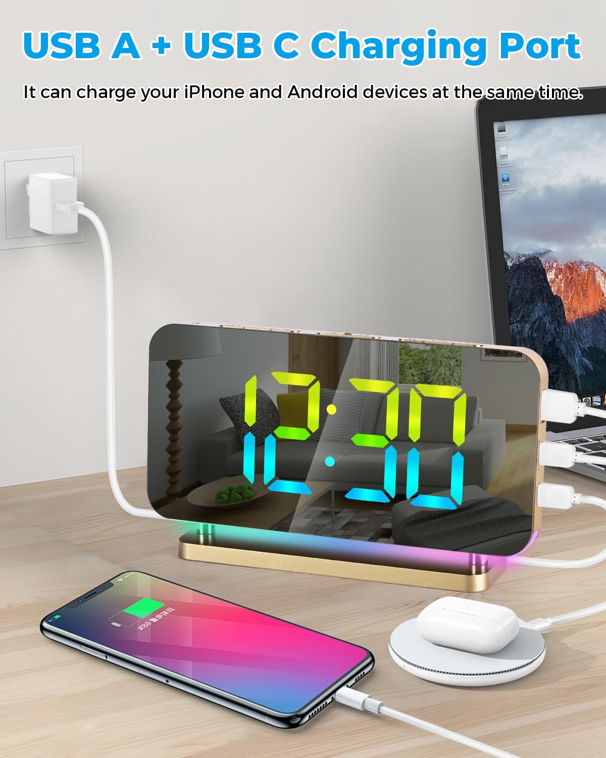 SZELAM Alarm Clock with active USB A and USB C charging ports for devices.