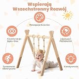 COSTWAY Pałąk edukacyjny, drewniany stojak edukacyjny z 3 wiszącymi zabawkami, zabawka rozwijająca zdolności poznawcze i sensoryczne, stojak aktywizujący z pełnego drewna, prezent dla dziecka od 3 miesiąca życia (naturalne drewno)