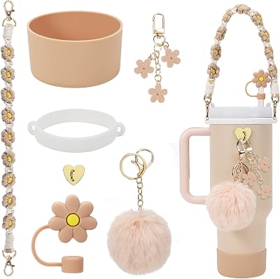 Stanley Cup Accessories Kit – Pearl Handle Strap, Bow Charm, Silicone Boot, DIY Stickers (Pink)