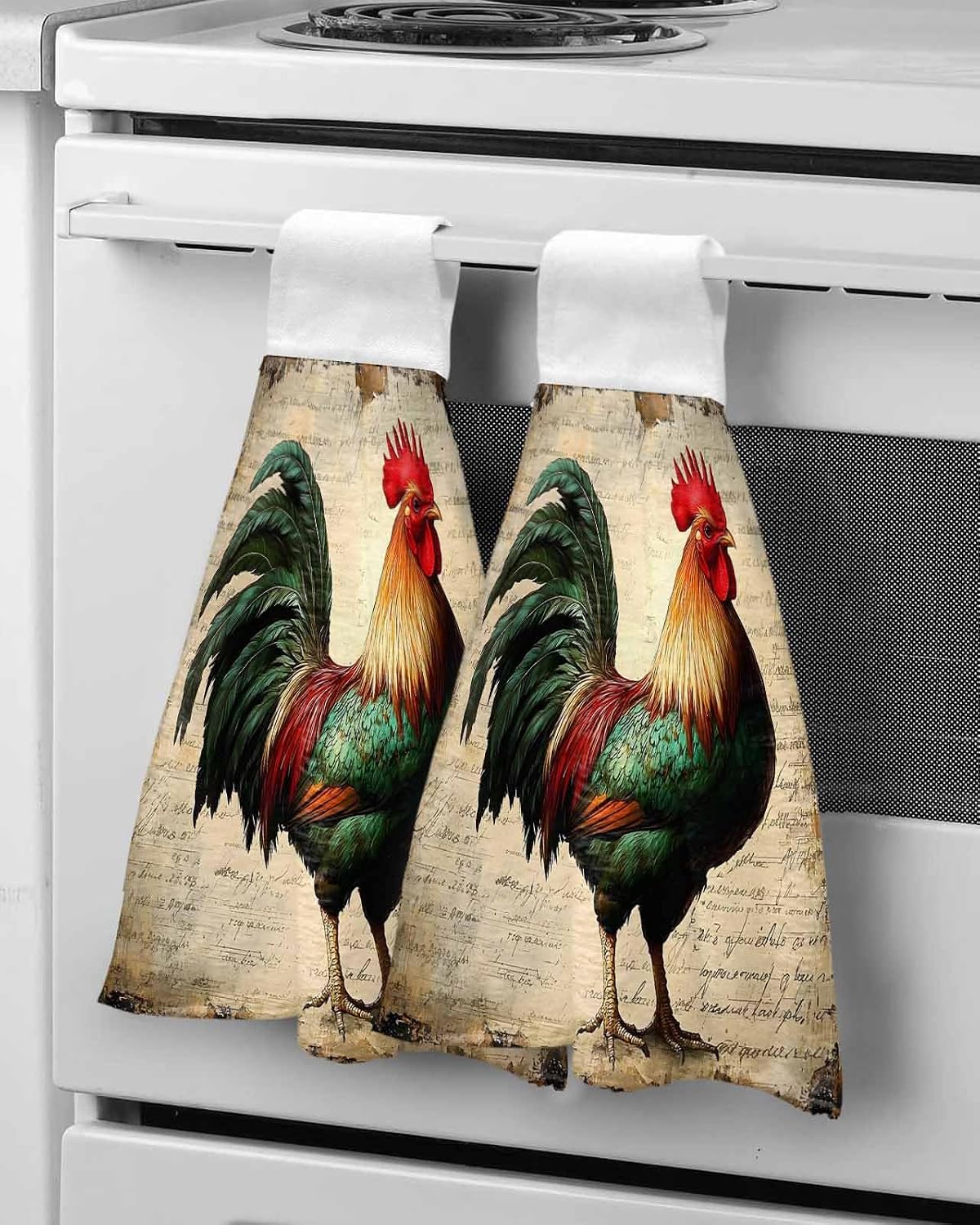 2 Pack Hanging Kitchen Towels,Farm Rooster Watercolor Animal Absorbent Soft Hand Tie Towel with Loops Dish Cloths Wash Cloth for Bathroom Laundry Room Retro Letter