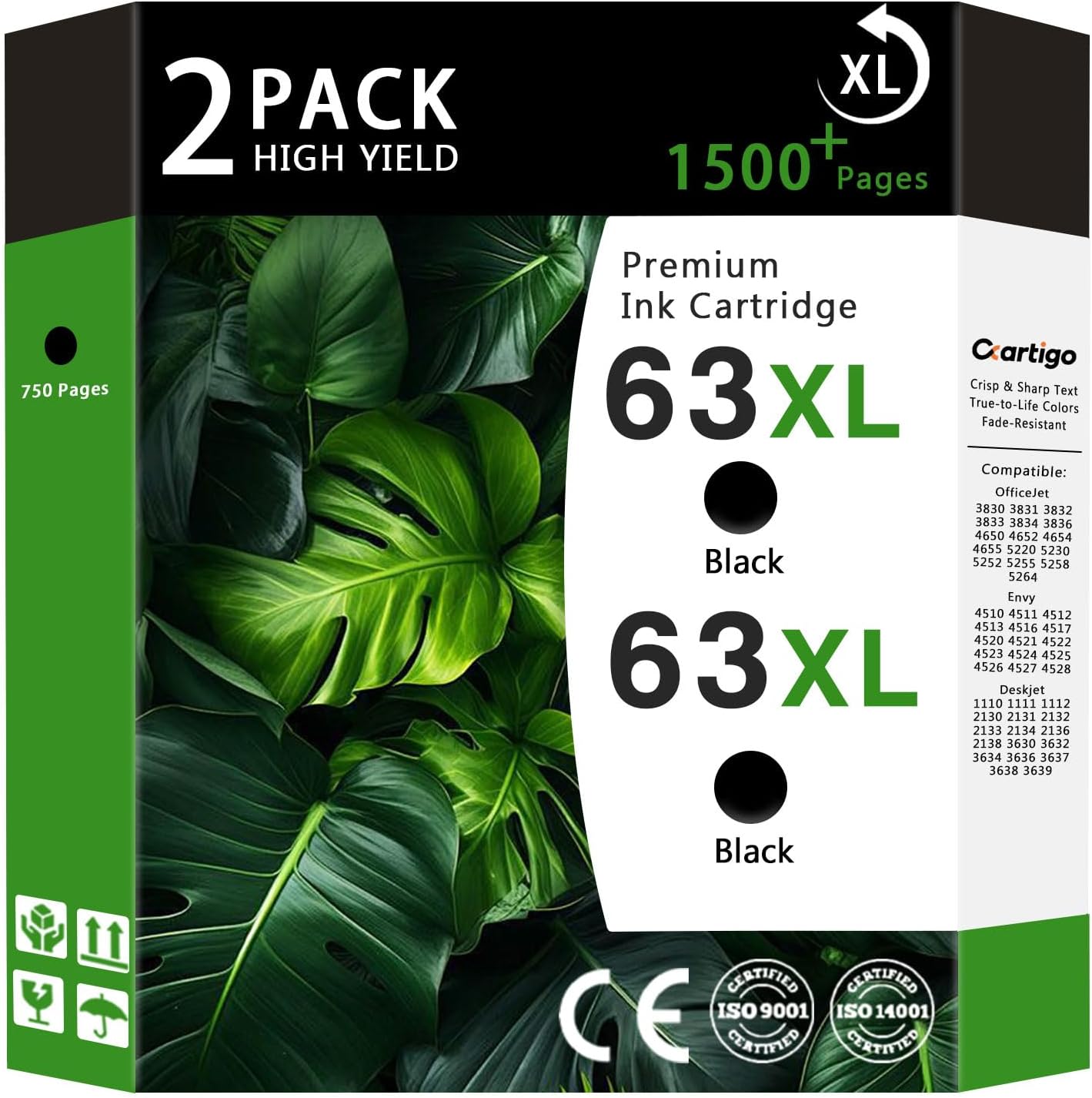 63XL High Yield Ink Cartridges Combo Pack (2-Black) Compatible for HP 63XL 63 Replacement for HP Envy 4510 4511 4512 OfficeJet 3830 3831 3832 Deskjet 1110 1111 2130 Series Printers