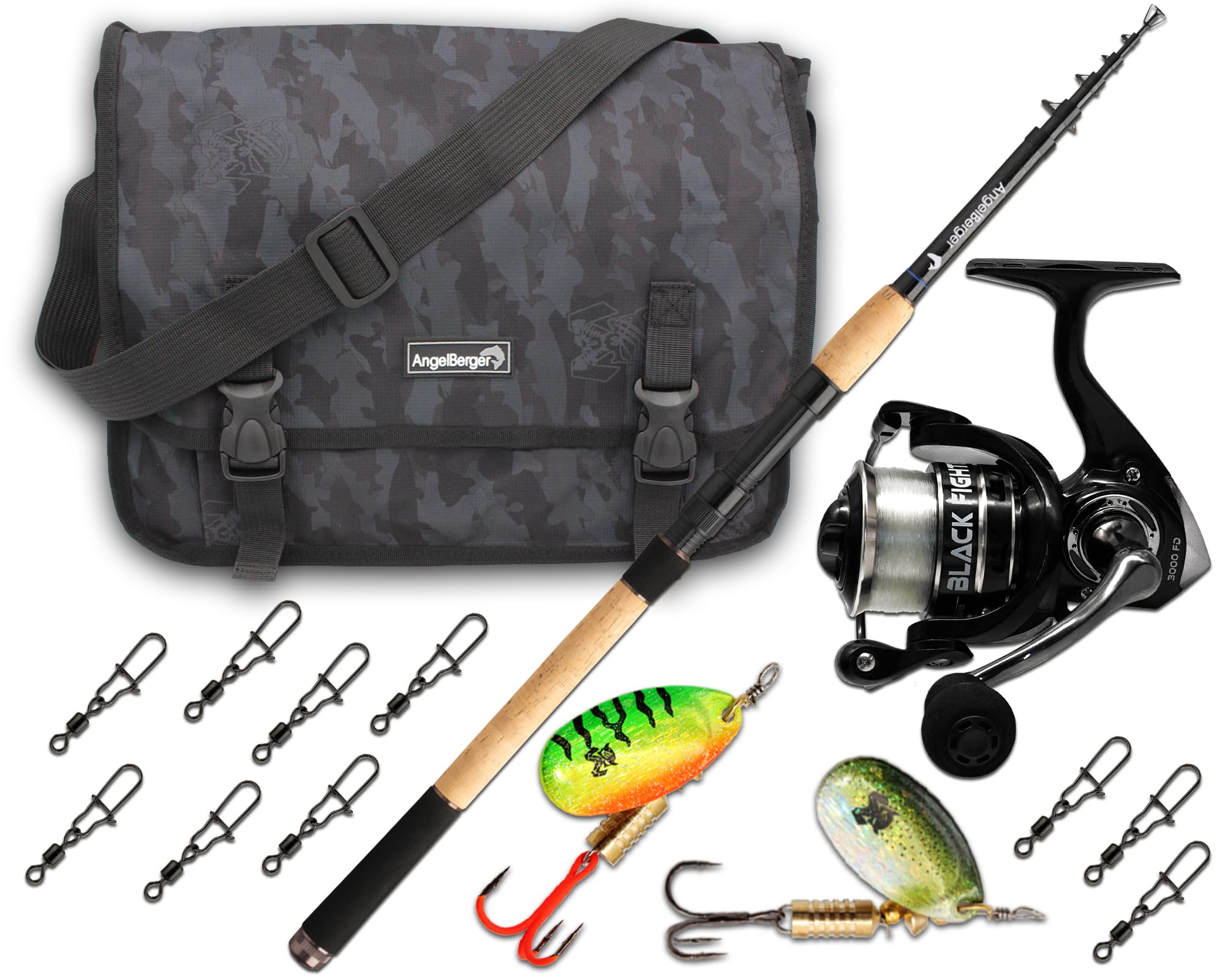 Angel-Berger Tele Angelset Forelle mit Tasche und Zubehör Trout Fishing Set Angelrute Angelrolle Forellenköder