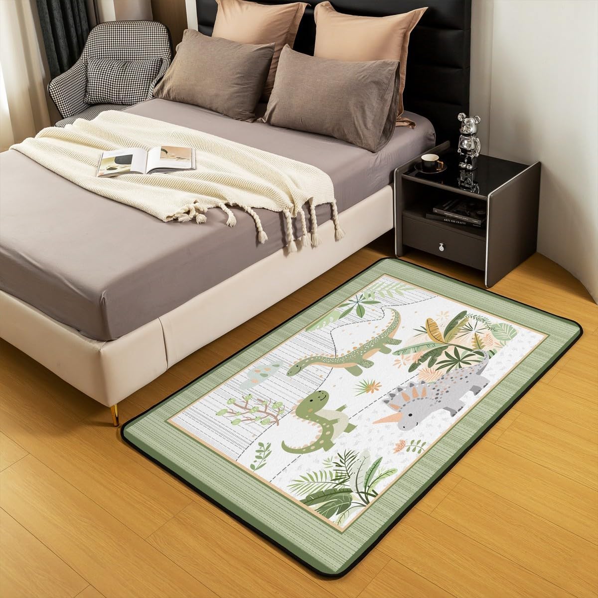 Feelyou Kids Cute Dinosaur Rugs for Living Room Bedroom Area Rug 5x7 Cartoon Dinosaur Indoor Floor Mat for Boys Girls Teens Green Grey Accent Rug Coconut Plant Decorative Rug