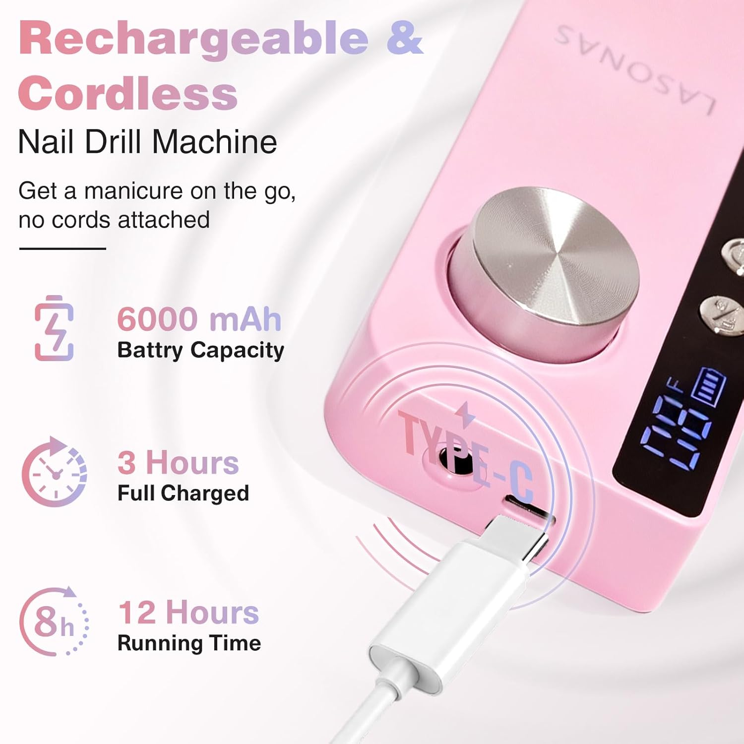Electric Nail Drill Machine Professional, 35000 RPM Cordless Nail File, Portable Rechargeable Nail Drill and Bits for Acrylic Gel Nails Polishing Removing