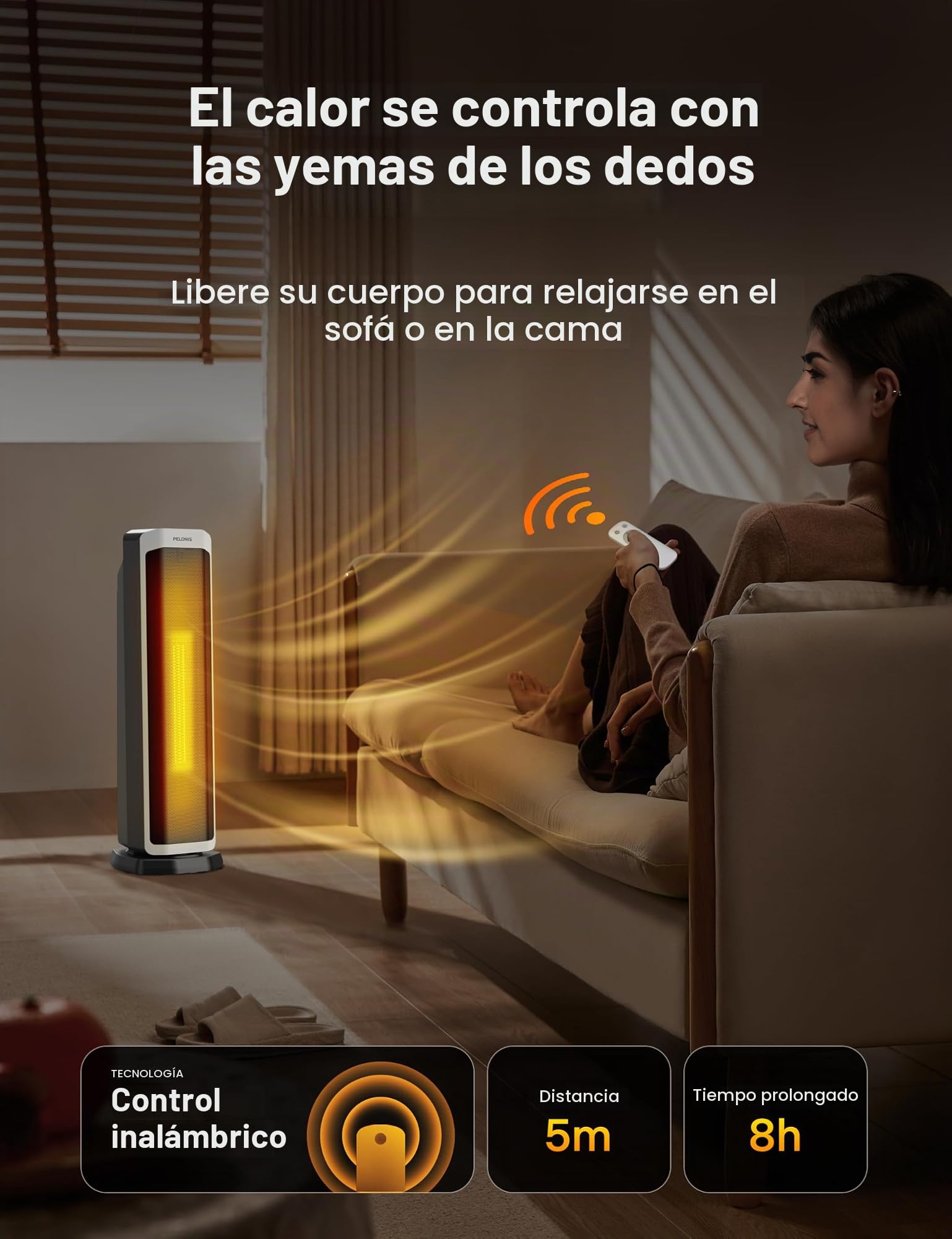 PELONIS Calefactor Eléctrico 2000W con Mando, Calefacción Rápida 3S y Modo ECO, Oscilación 75°, Termostato Ajustable (5-35°C), Temporizador 8H, Silencioso para Dormitorio