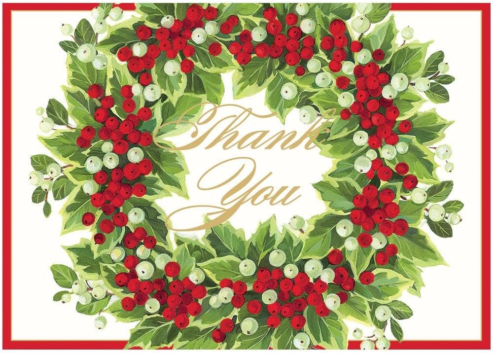 Caspari Holly and Berry Wreath Foil Thank You Notes – 8 Note Cards & Envelopes, 4" x 6" – Premium Holiday & Seasonal Stationery