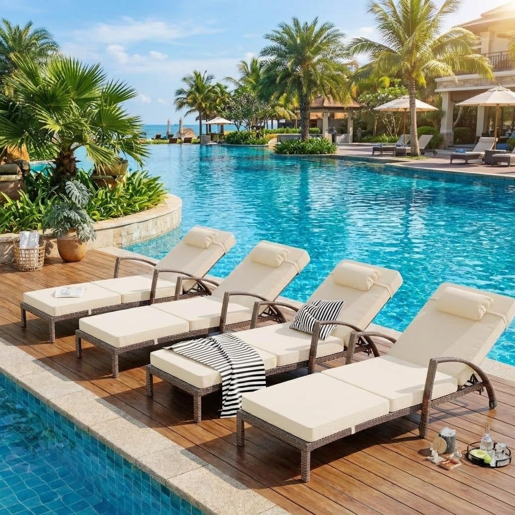 GarveeLife Outdoor Wicker Chaise Lounge Chair with Cushion, Metal Frame Patio Reclining Lounge Bed, All-Weather Rattan Sun Lounger for Poolside, Garden, Backyard & Balcon,Brown Wicker, Beige Cushion