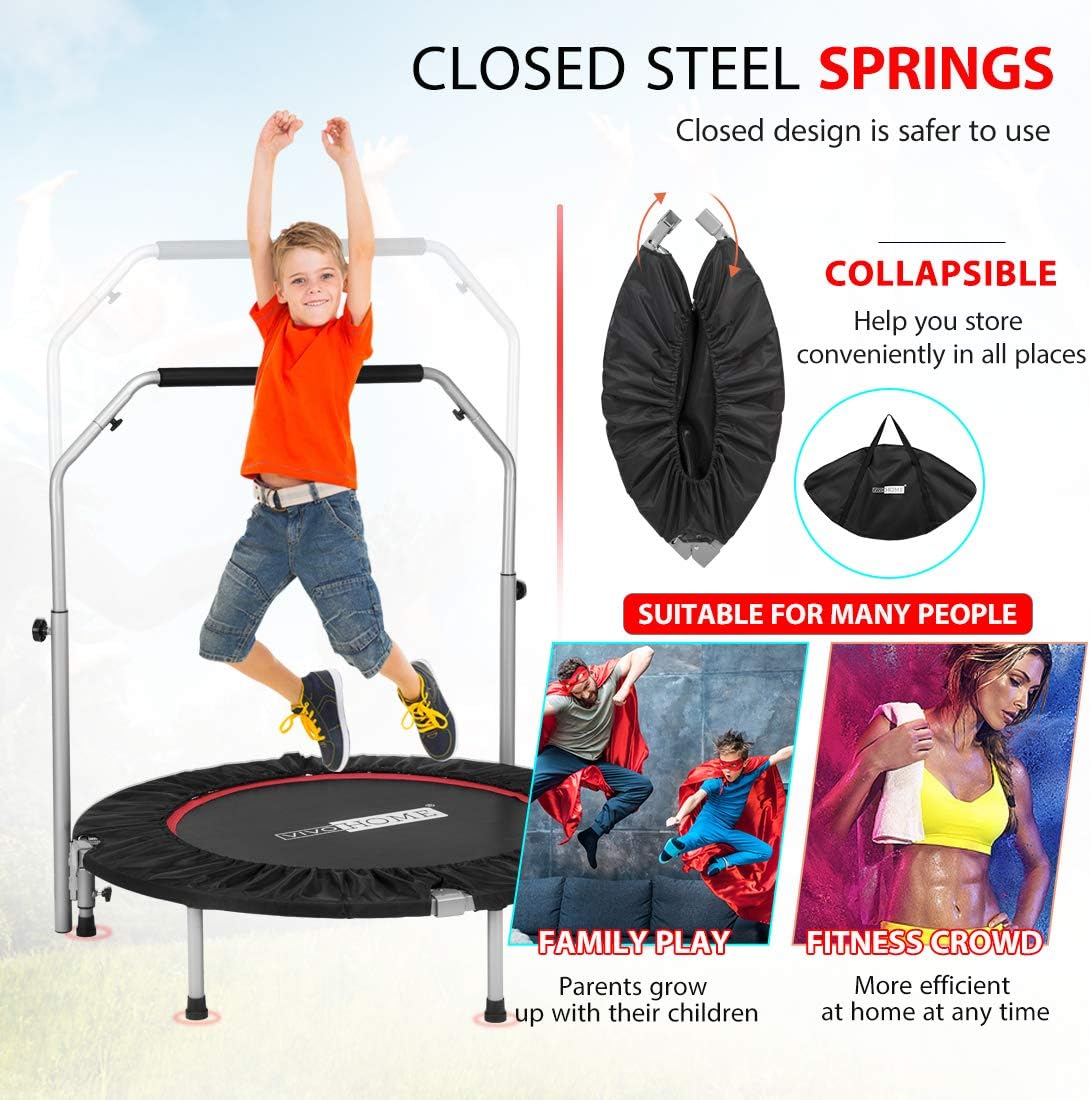 VIVOHOME 40 Inch Foldable Fitness Trampoline with Adjustable Handle, Exercise Bungee Mini Rebounder for Adults Kids, Max Load 330lbs