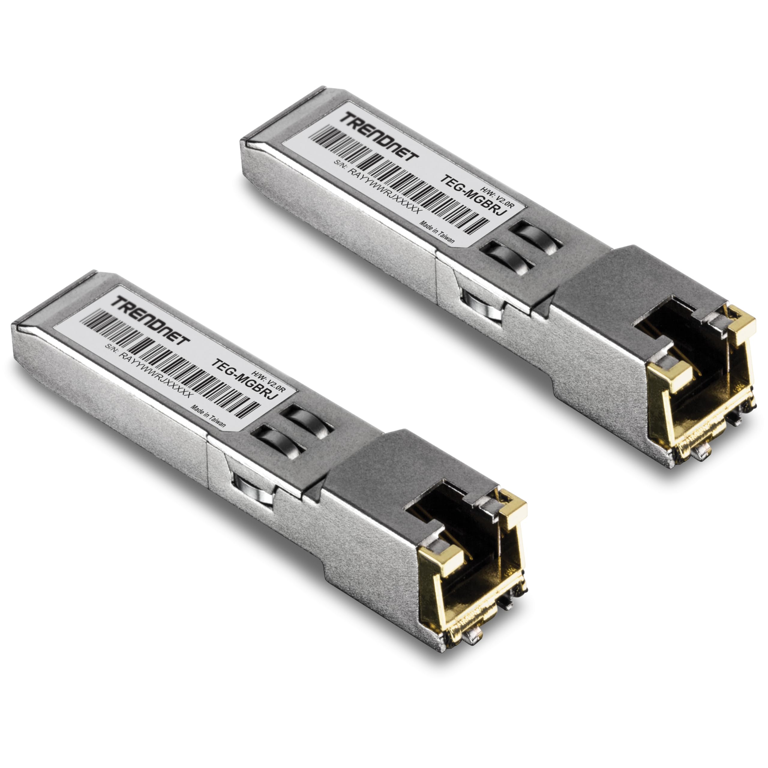 TRENDnet Confezione da 2 moduli SFP in rame 1000BASE-T RJ45, TEG-MGBRJ/2, conforme NDAA + TAA, distanza di trasmissione fino a 100 m, hot plugable, IEEE 802.3ab, supporta velocità di trasmissione dati