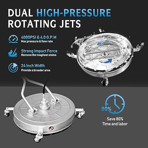 Miniatura 3 de RAYNEL Limpiador de superficie de lavadora a presión de 24 pulgadas con 4 ruedas, mango doble, carcasa de acero inoxidable, 2 adaptadores de