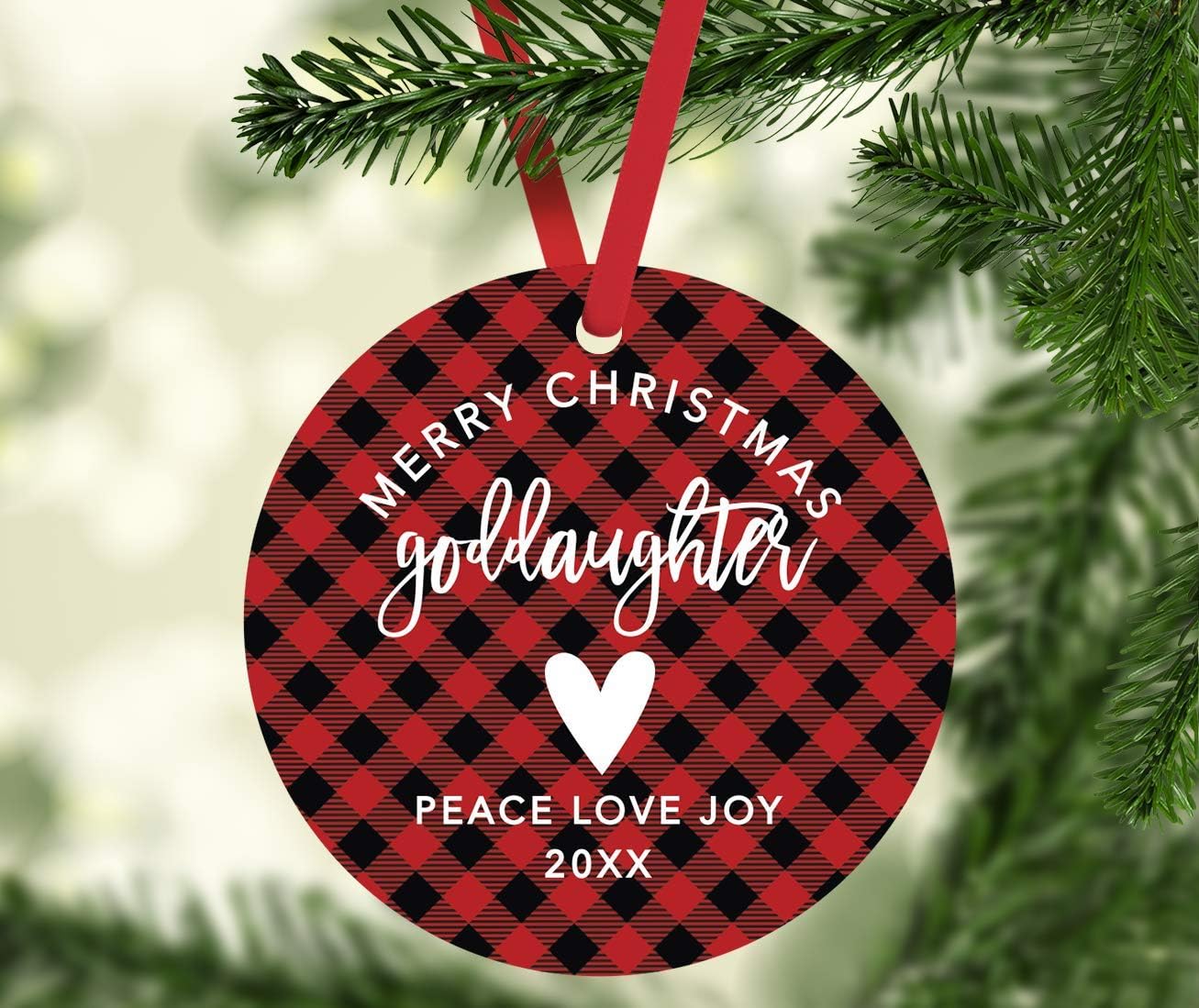 Andaz Press Custom Year Family Metal Christmas Ornament, Merry Christmas Goddaughter 2026, Country Lumberjack Buffalo Red Plaid, 1-Pack, Includes Ribbon and Gift Bag Goddaughter Ornament 2026