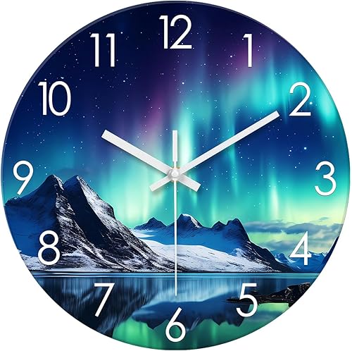 XNM Aurora - Reloj de pared de cristal verde azulado, funciona con pilas, 12 pulgadas, moderno, para decoración de sala de estar, glaciar, lago,