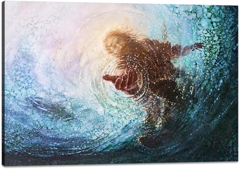 Modern Jesus Wall Art Hand of Jesus Under Water Teal Blue Painting Prints on Christian Religion Canvas Gilcee Artwork Stretched and Framed Ready to Hang for Home and Office Decor - 12''H x 18''W