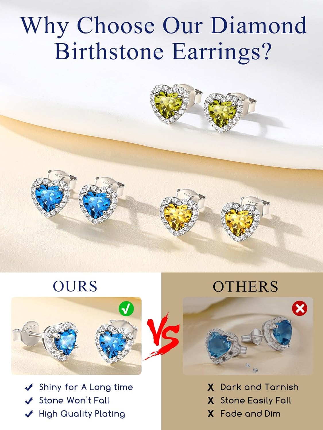 Suplight 925 Sterling Silver Birthstone Earrings Stud Round/Heart/Teardrop/Square Crystal Earrings for Women, Diamond Silver Earrings Dainty Gifts for Women Birthday Unique Minimalist Jewelry