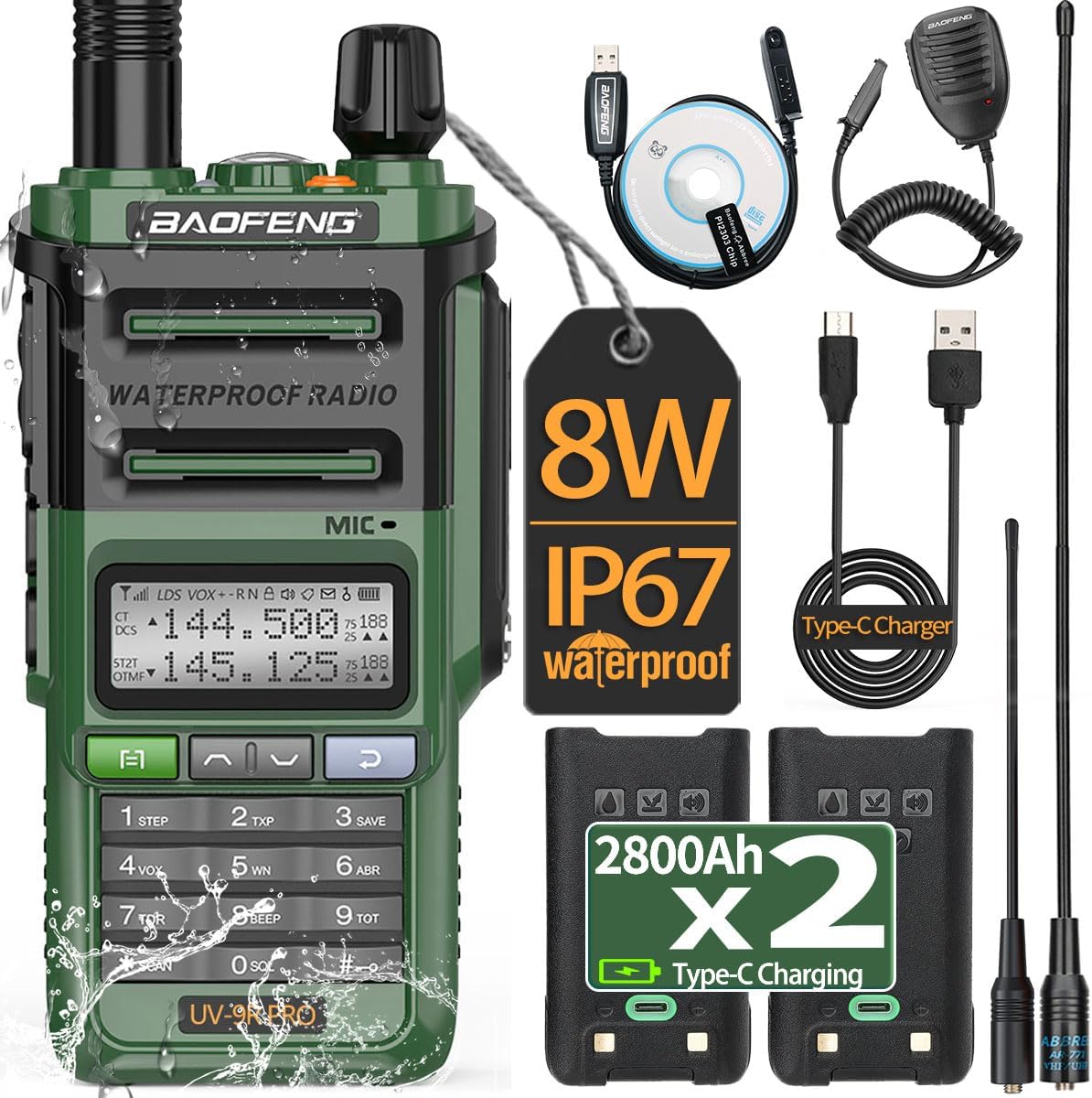 Ham Radio Baofeng UV-9R Pro 8W Long Range VHF UHF Dual Band Tri- Power Waterproof Rechargeable Walkie Talkies with Programming Cable,Speaker Mic and Type-C Charging Cable for Hunting Survival Gear
