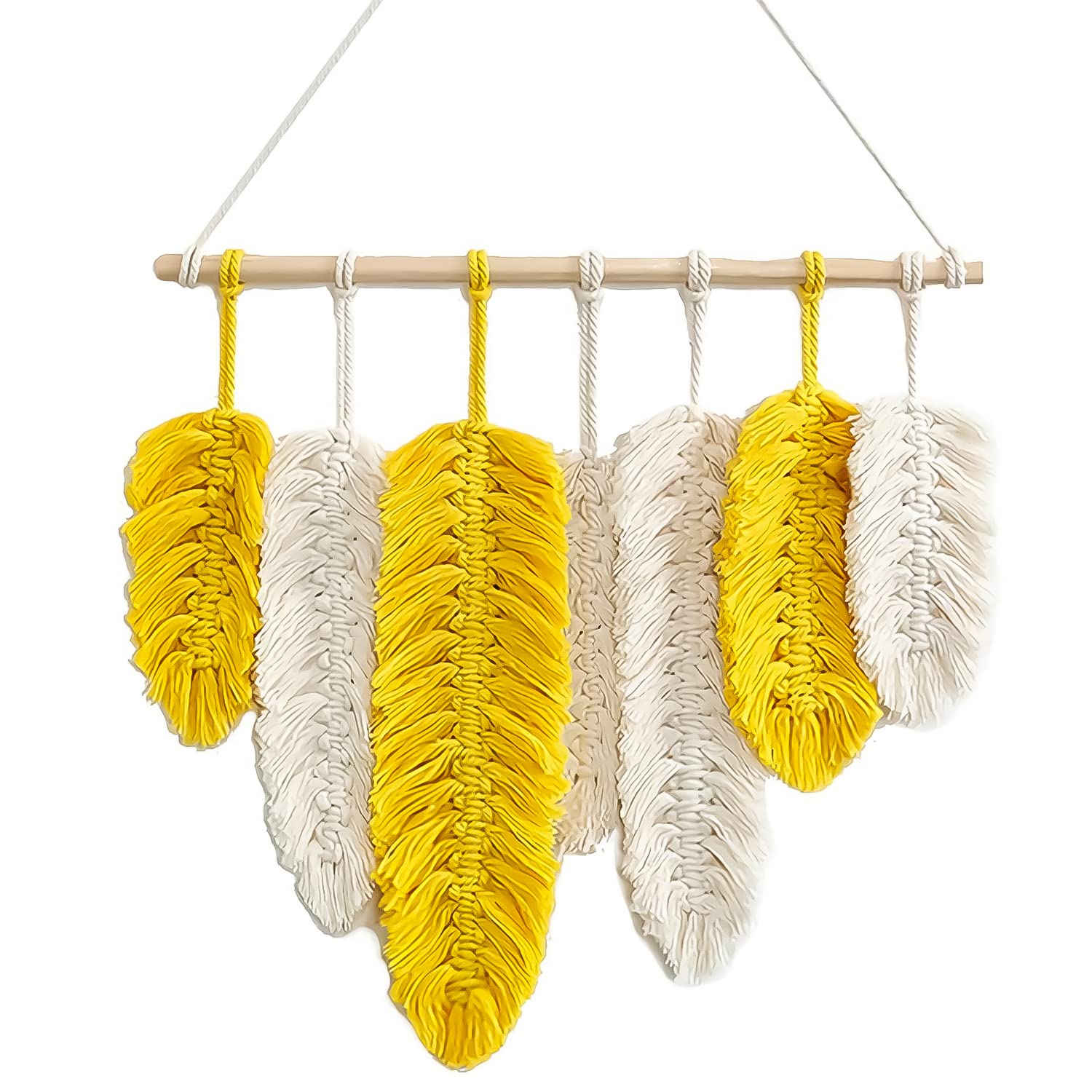 Westhood Macrame Wall Decor, Boho Hanging Feather Leaf, Boho Wall Decor Yellow Woven Leaf Tassels Decoration Cotton Ornaments Tapestry Room Decor For Bedroom Living Room Apartment Porch