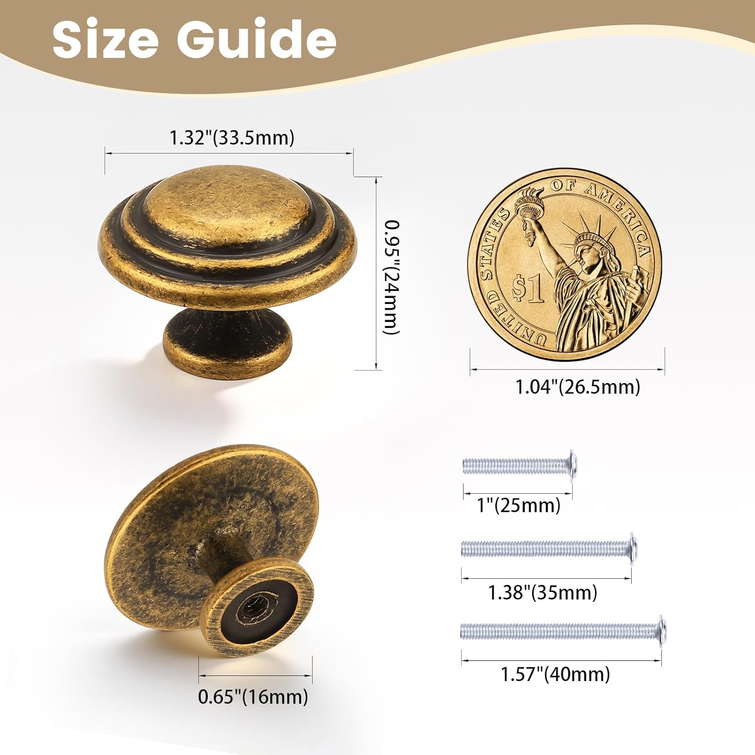 Antique Brass Dresser Drawer Knobs 12 Pack, Solid Kitchen Cabinet Knobs, Stepped Round Cupboard Handle Pulls, Diameter: 1.32 Inch(33.5mm)