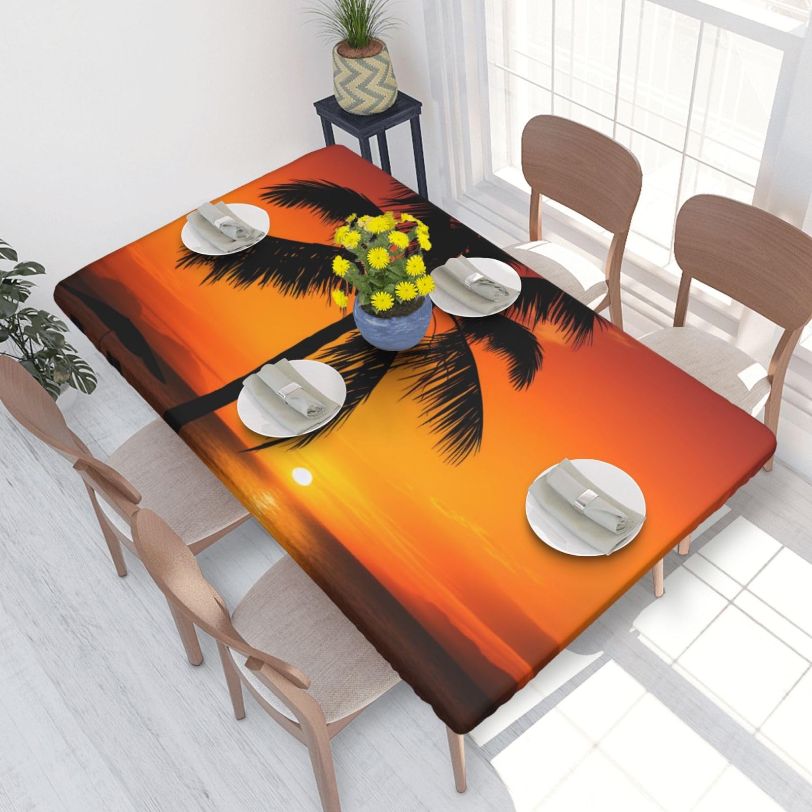 DCARSETCV sunset palm tree Printed 4FT Waterproof Tablecloth with Elastic Edged Protect & Decor Your Table, Oil-proof Washable Table Cloth Cover for Dinner Picnic Party
