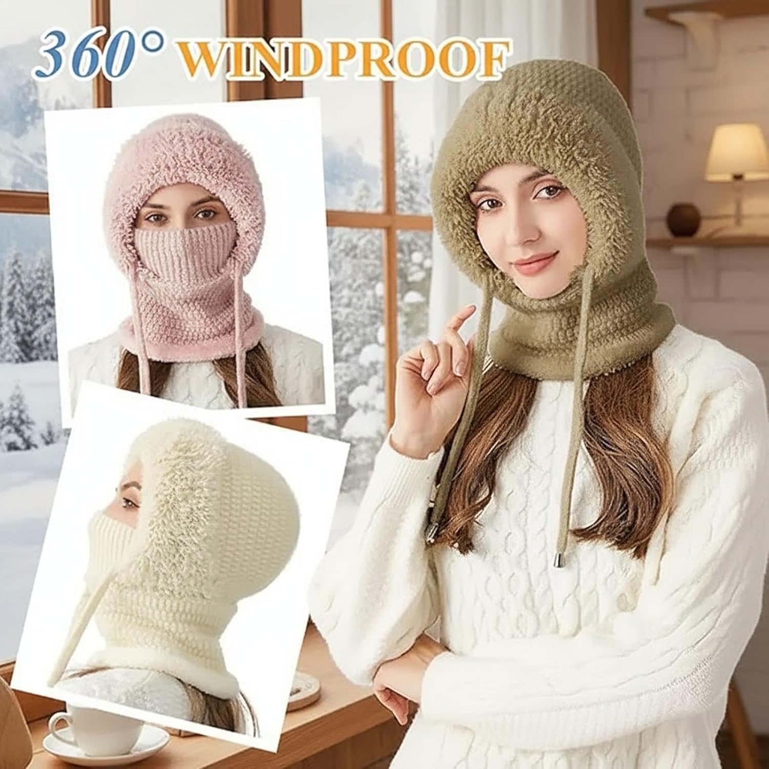 3 in 1 Beanie Hat for Women with Scarf & Mask, Winter Merino Wool Hat 3 in 1, Fleece Lined for Head, Ears & Neck