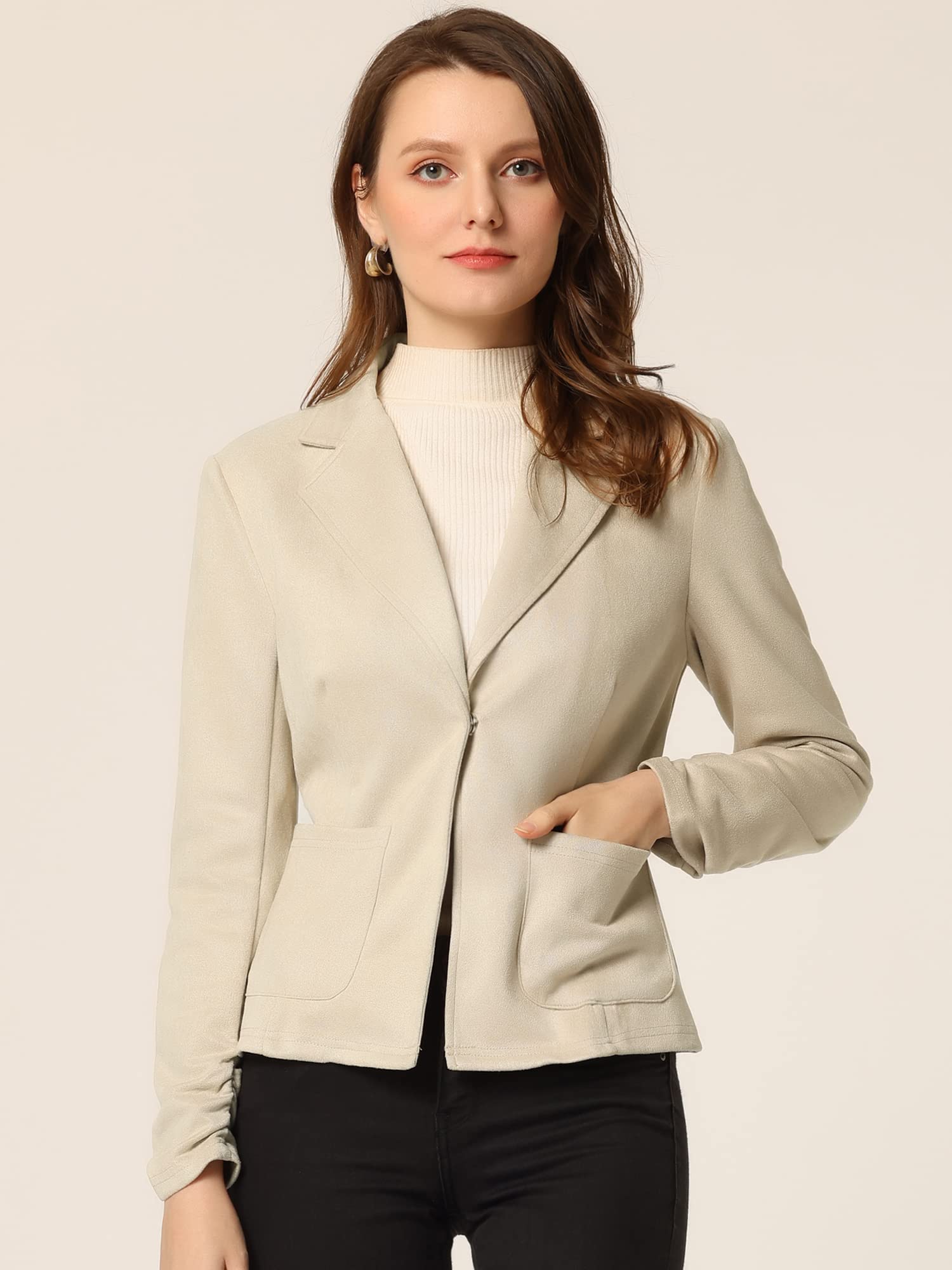 Womens Faux Suede Blazer Lapel Collar Ruched Sleeve One Button Work Office Jacket Blazers — view 3