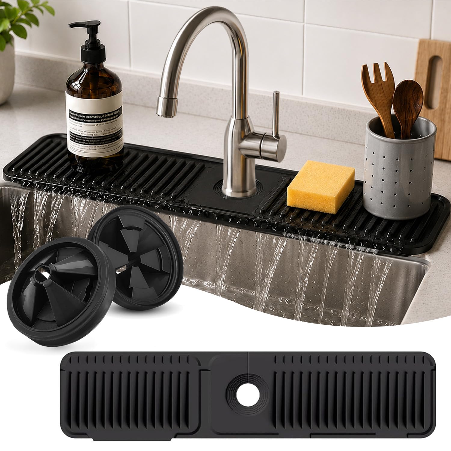 Photo 1 of 18 Inch Silicone Faucet Mat for Kitchen Sink Splash Guard, W/Sink Baffle