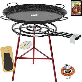 COMBOI Kit Paellero Gas Butano 70 cm – Paellera Esmaltada 90 cm, Patas Reforzadas, Regulador, Manguera, Nivel, Delantal y Recetario Digital – Quemador de 3 Aros para Exterior