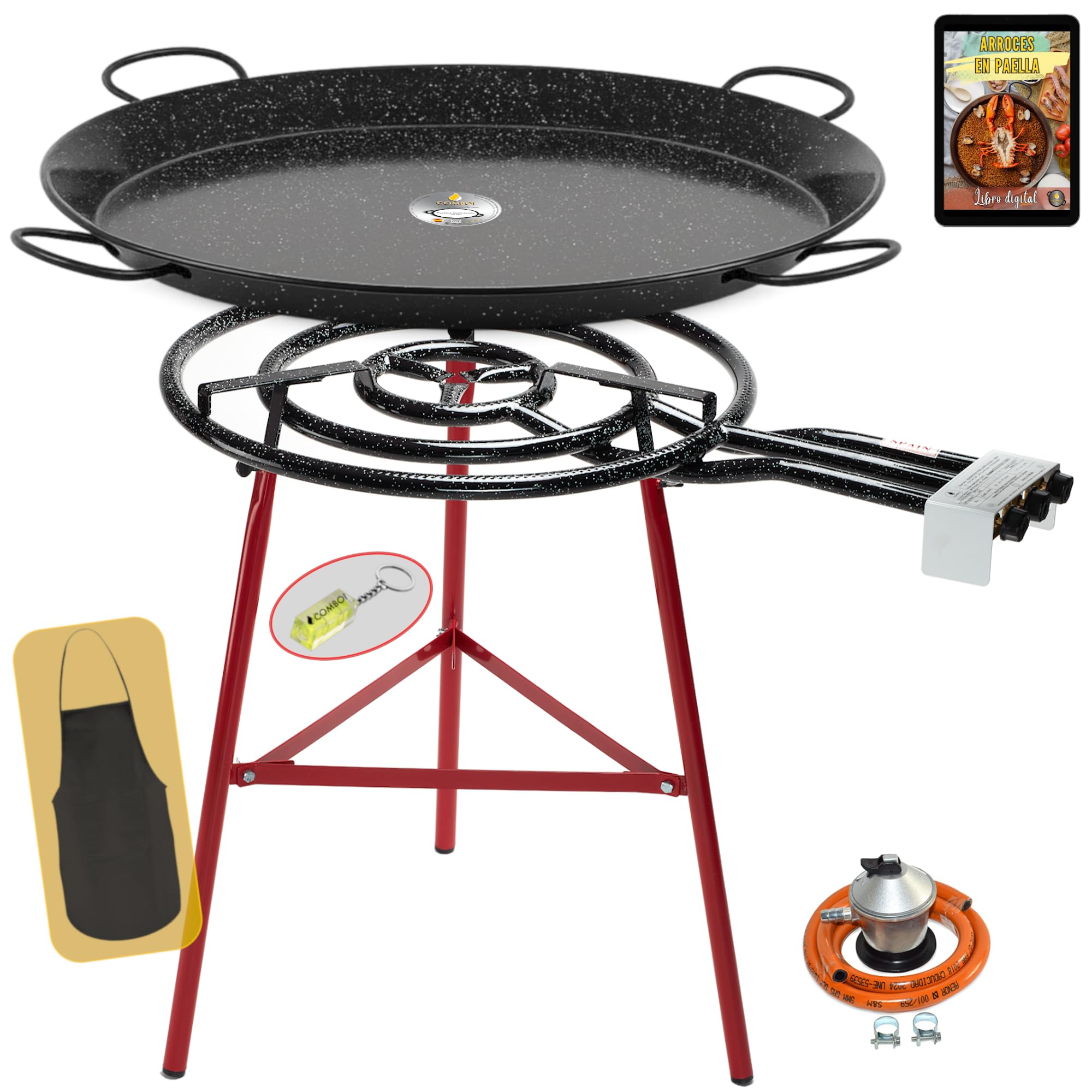 COMBOI Kit Paellero Gas Butano 70 cm - Paellera smaltata 90 cm, Gambe rinforzate, Regolatore, Tubo, Livello, Grembiule e Ricettario Digitale - Bruciatore a 3 Anni