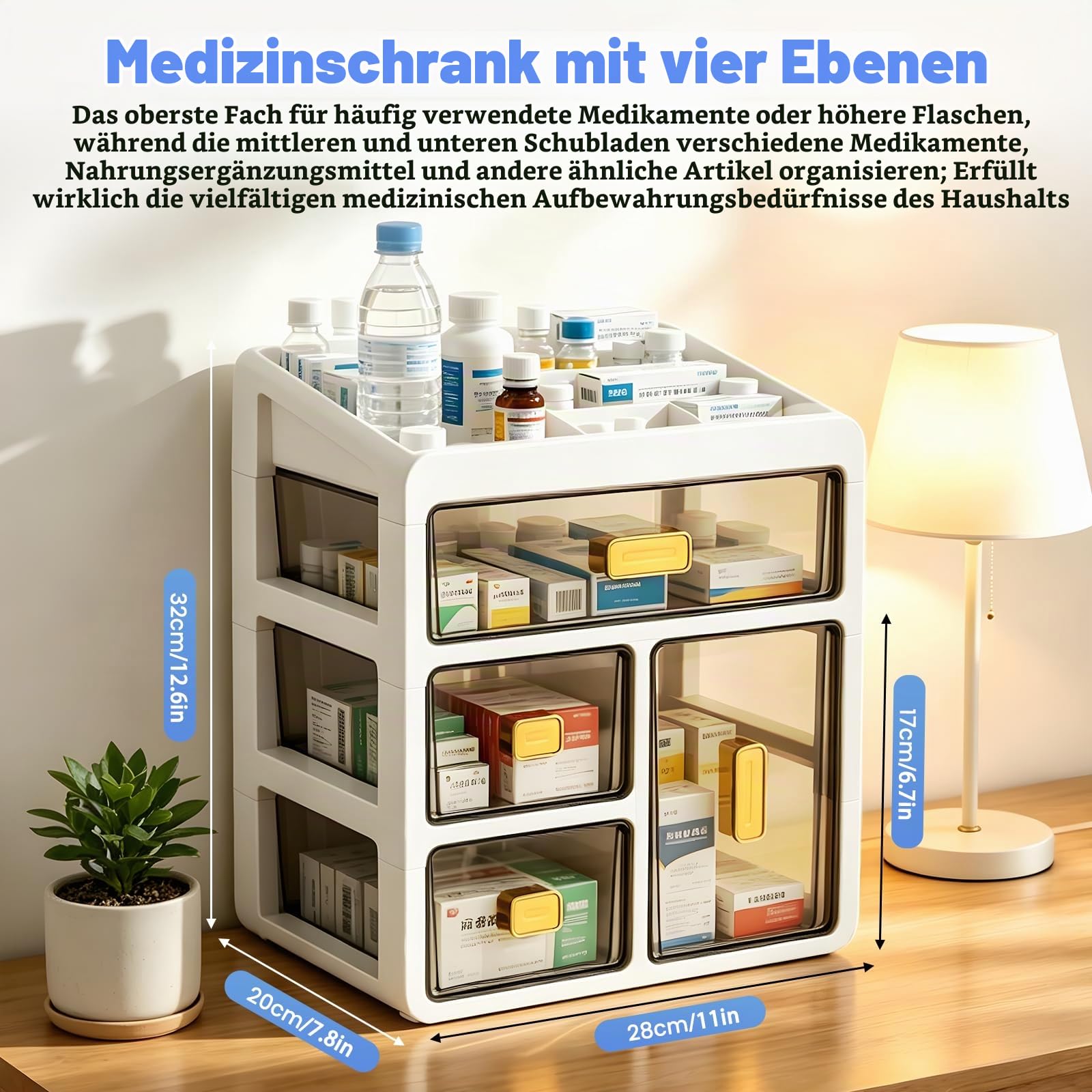 4-stöckiger Medikamentenschrank-Organizer, Medikamentenbox mit transparenten Schubladen,Hausapotheke Schrank, große Aufbewahrungsbox für Medikamente, Kosmetika, Vitamine (Weiß)