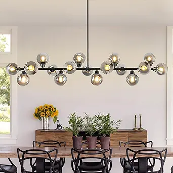 75'' Modern Linear Chandelier for Dining Room with Smoke Gray Glass Shades, Black Finish, 17 Lights
