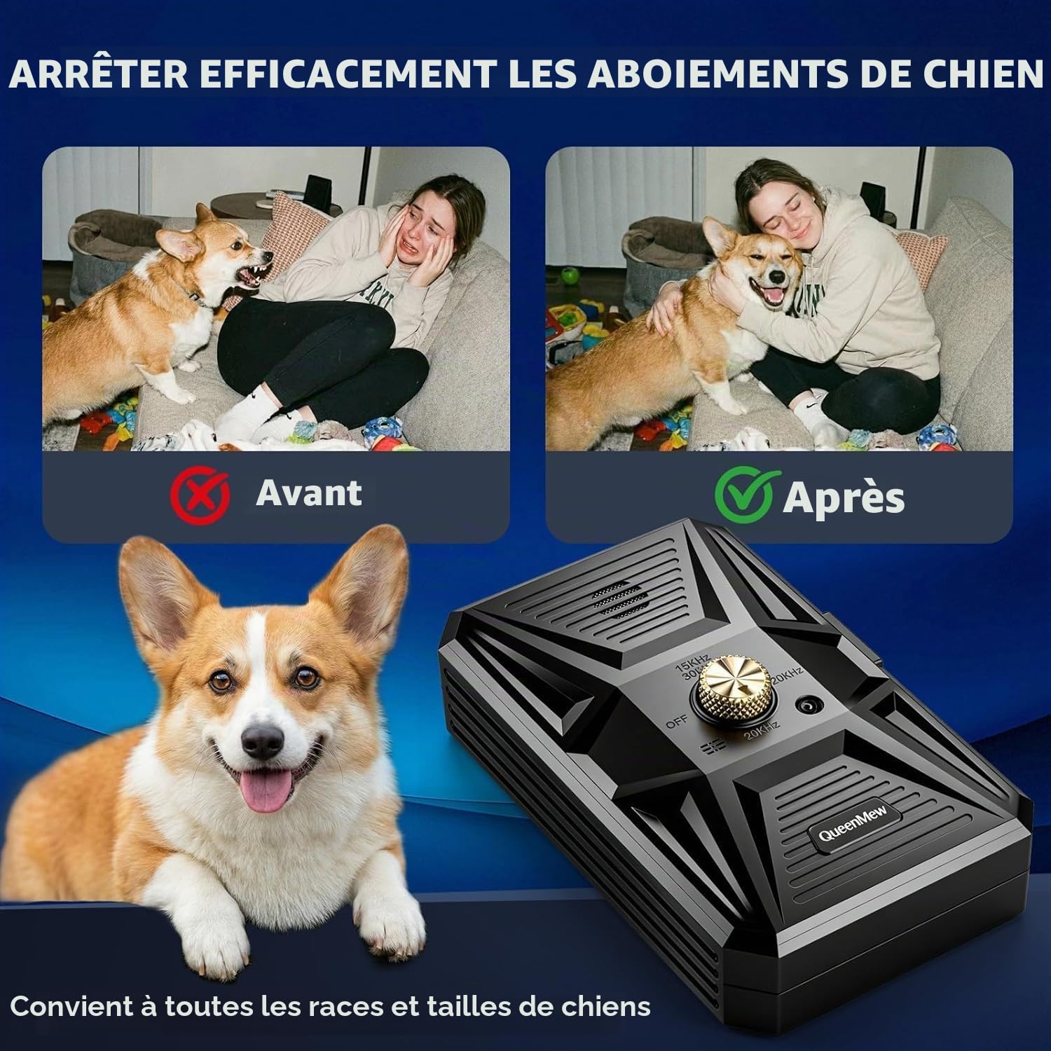 Anti Aboiement Chien, Dispositif Anti Aboiement Chien Ultrasons à 3 Modes, Boitier Anti Aboiement Chien de 33 Pieds, l'entraînement des Grands et Petits Chiens en Extérieur et Intérieur