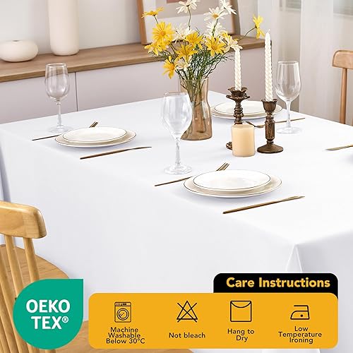 Miniatura 7 de Paquete de 10 manteles blancos para mesas rectangulares, 60 x 102 pulgadas, tela de poliéster resistente a las manchas para mesas de 6 pies, fundas