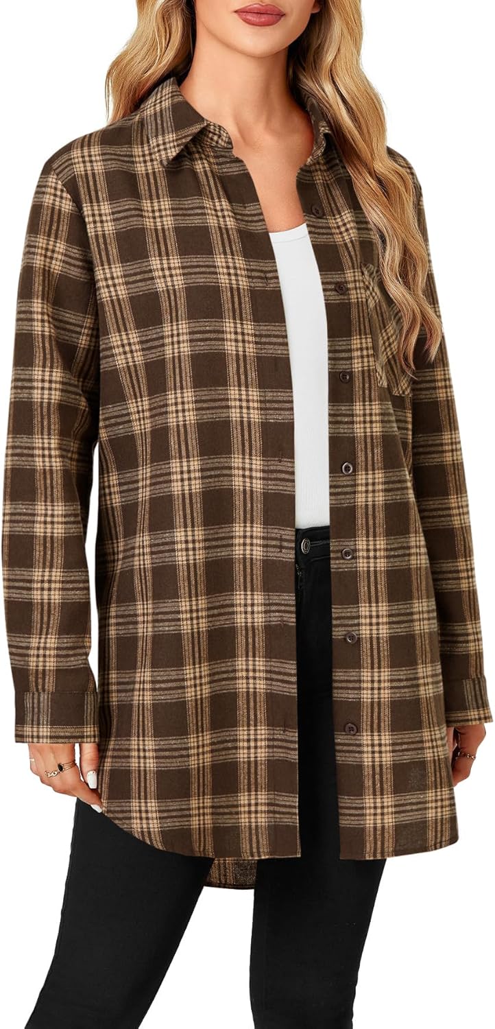 OPOIPIN Women's Casual Mid-Long Flannel Shirt Plaid Collar Button Down Long Sleeve Blouse Top - Image 4