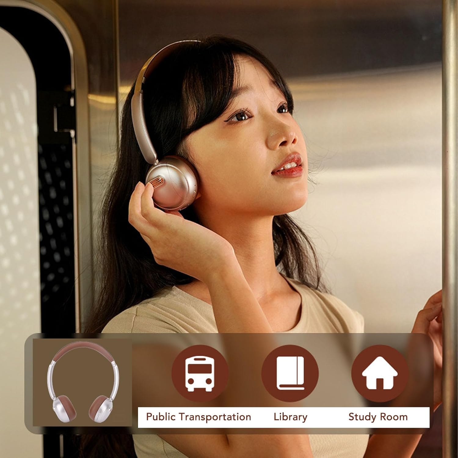 PUSOKEI Retro Bluetooth Headphones with Active Noise Cancelling, 45H Playtime, Vintage Style Over Ear Headset for Travel, Commute & Fashion, Foldable Design (Brown)