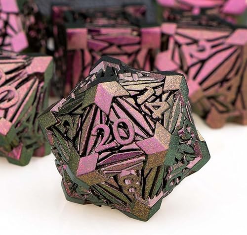 ORIFANTOU Juego de dados de metal DND con caja, dados de mazmorras y dragones con caja, dados de D&D de residuos rojos y morados, dados RPG D y D,