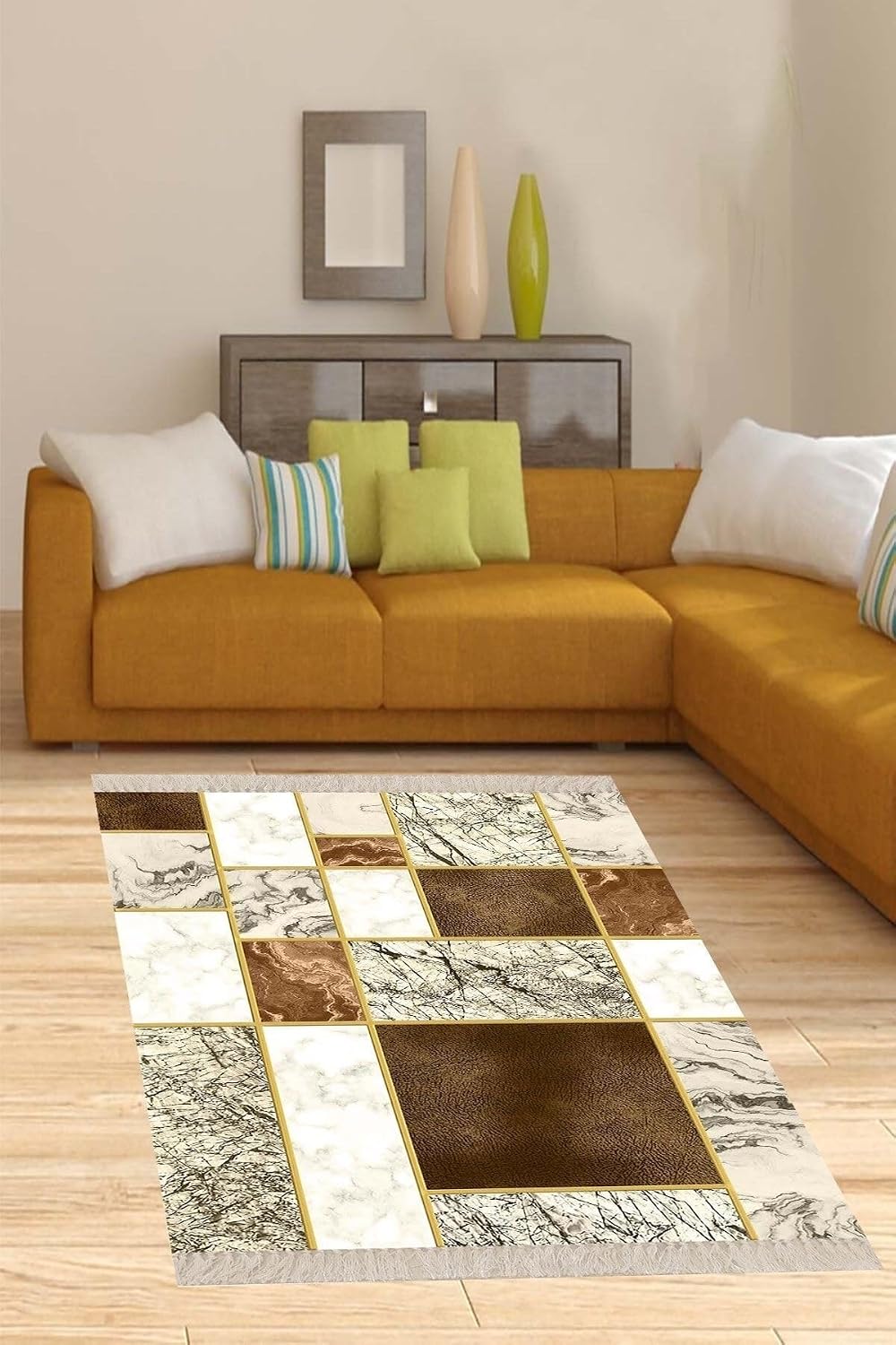 Pelangi Mermer Desenli Gold Şeritli Dijital Baskı Yıkanabilir Kaymaz Taban Kilim Model Salon Halısı, Kahverengi 120 x 120