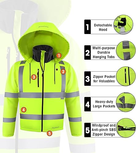 Miniatura 2 de Chaqueta de seguridad térmica para hombre con batería de 12 V 16000 mAh, capucha desmontable ANSI Clase 3, abrigo térmico Hi Vis